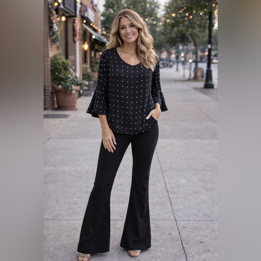 BB Dakota Black Polka Dot Blouse Flared Sleeves